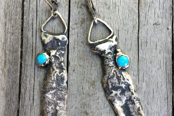 Turquoise tiny cab earrings in reticulated silver and sterling silver