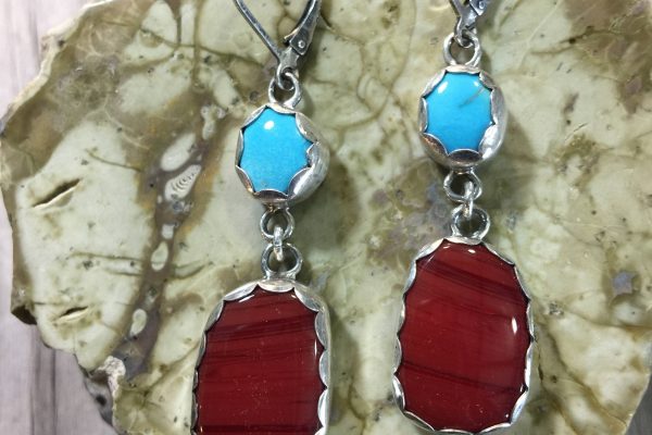 Turquoise and Rosarita Red, Sterling Silver Drop Earrings